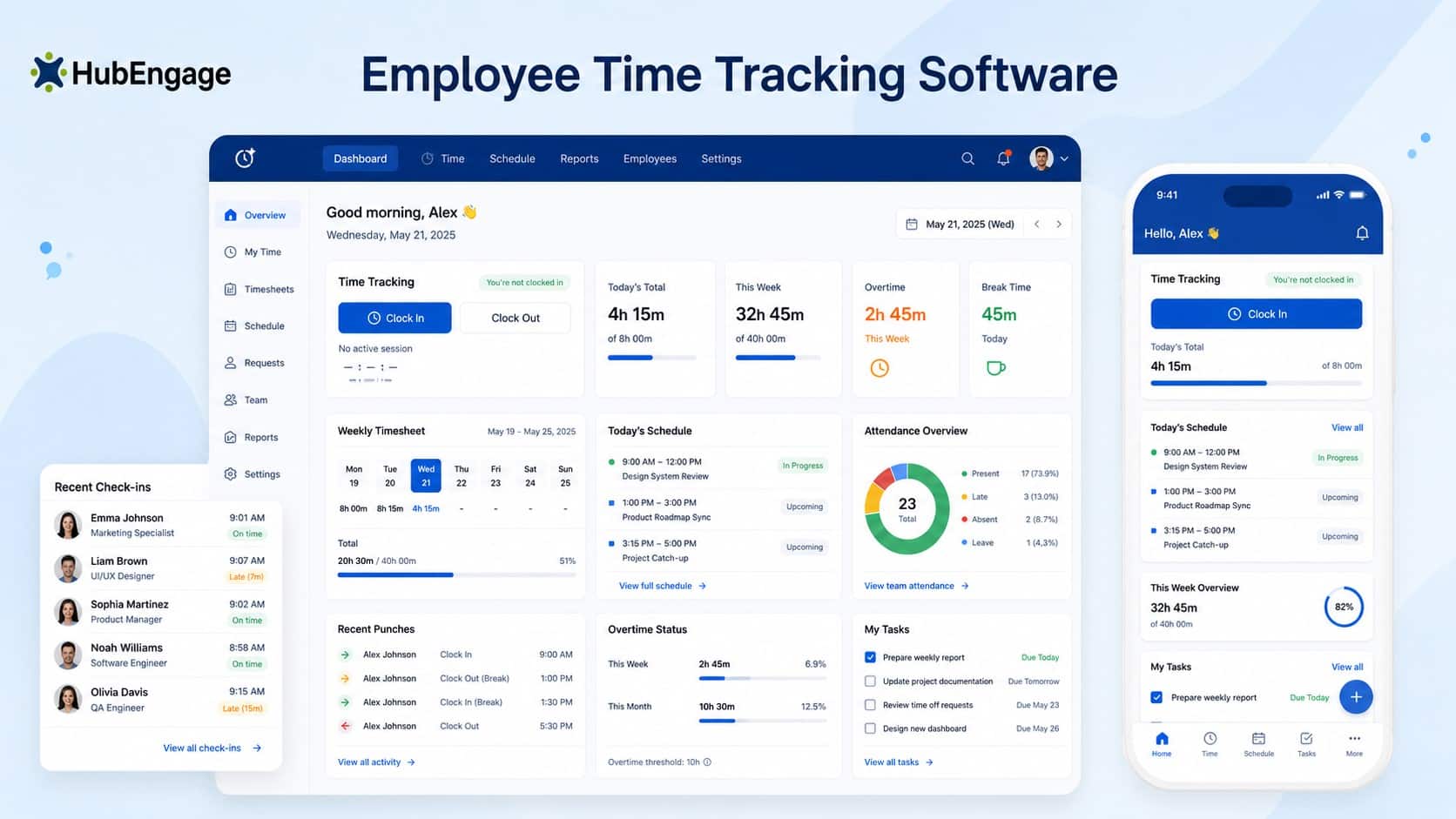 HubEngage employee clock in app dashboard showing time tracking, timesheets, schedules, attendance, and mobile clock-in features.