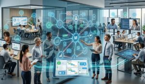 Interdepartmental Communication in a modern office showing teams collaborating across departments with digital dashboards, messaging tools, and real-time data sharing.