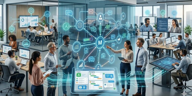 Interdepartmental Communication in a modern office showing teams collaborating across departments with digital dashboards, messaging tools, and real-time data sharing.