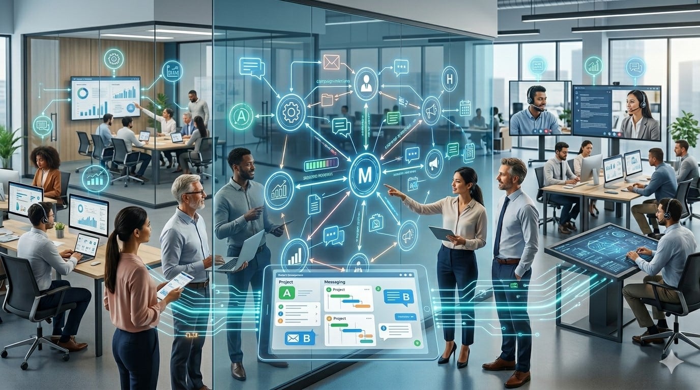 Interdepartmental Communication in a modern office showing teams collaborating across departments with digital dashboards, messaging tools, and real-time data sharing.