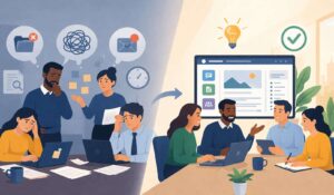 team facing intranet challenges with confusion and poor communication, transitioning to a collaborative workplace using an effective intranet solution.