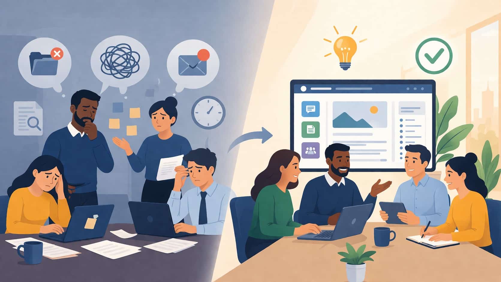 team facing intranet challenges with confusion and poor communication, transitioning to a collaborative workplace using an effective intranet solution.