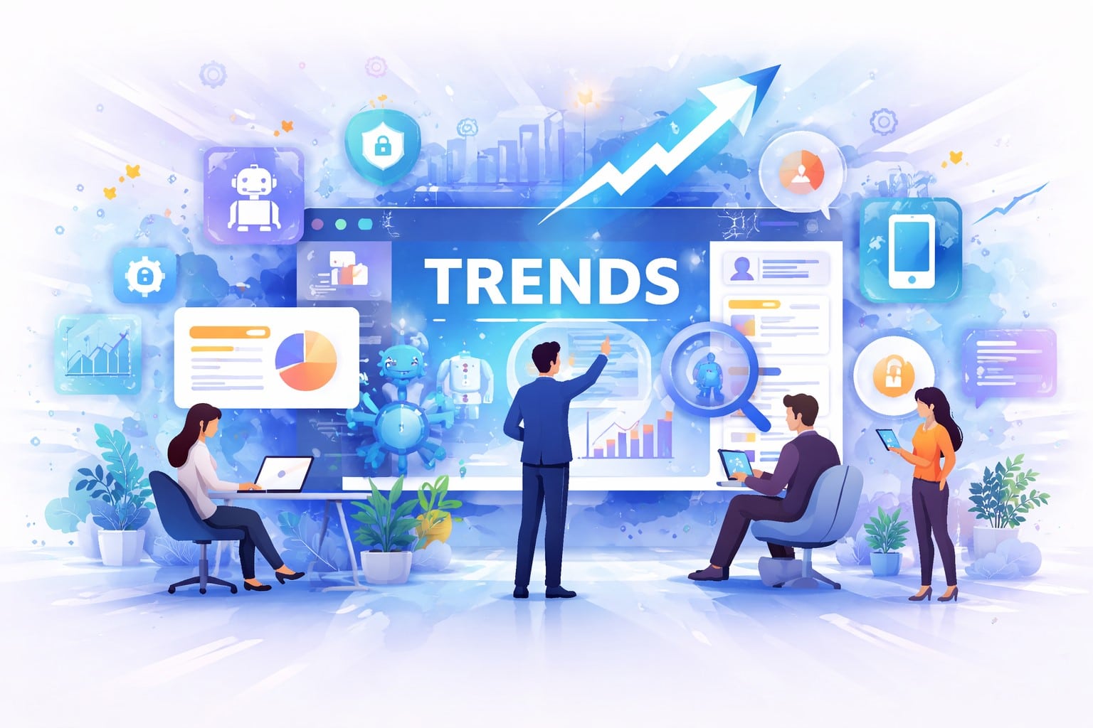Intranet trends showcasing digital workplace analytics, AI tools, employee collaboration, and growth insights on a modern intranet dashboard.