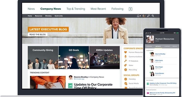 Jive intranet platform dashboard showcasing employee communication and collaboration interface across desktop and mobile devices