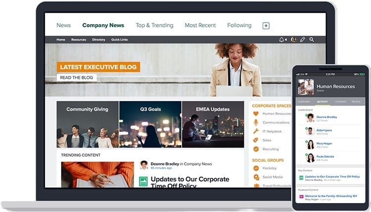 Jive intranet platform dashboard showcasing employee communication and collaboration interface across desktop and mobile devices