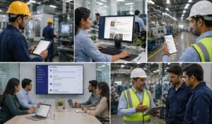 Manufacturing communication in action showing factory workers and teams using mobile apps, dashboards, and meetings to stay connected and informed.