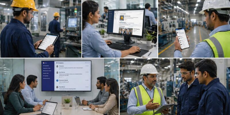Manufacturing communication in action showing factory workers and teams using mobile apps, dashboards, and meetings to stay connected and informed.