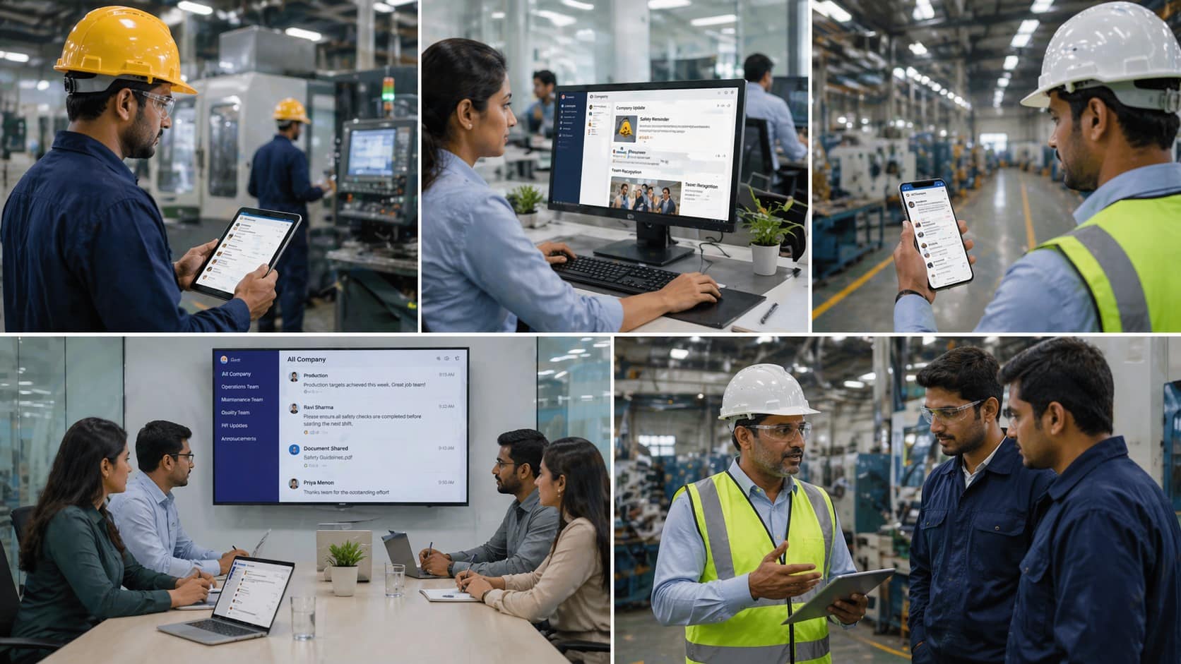 Manufacturing communication in action showing factory workers and teams using mobile apps, dashboards, and meetings to stay connected and informed.