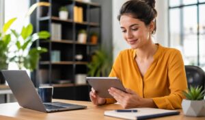 Professional using a tablet in a modern office, representing microlearning tools for employee training in a clean, digital workspace.