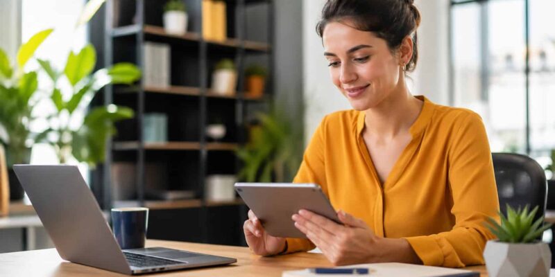 Professional using a tablet in a modern office, representing microlearning tools for employee training in a clean, digital workspace.