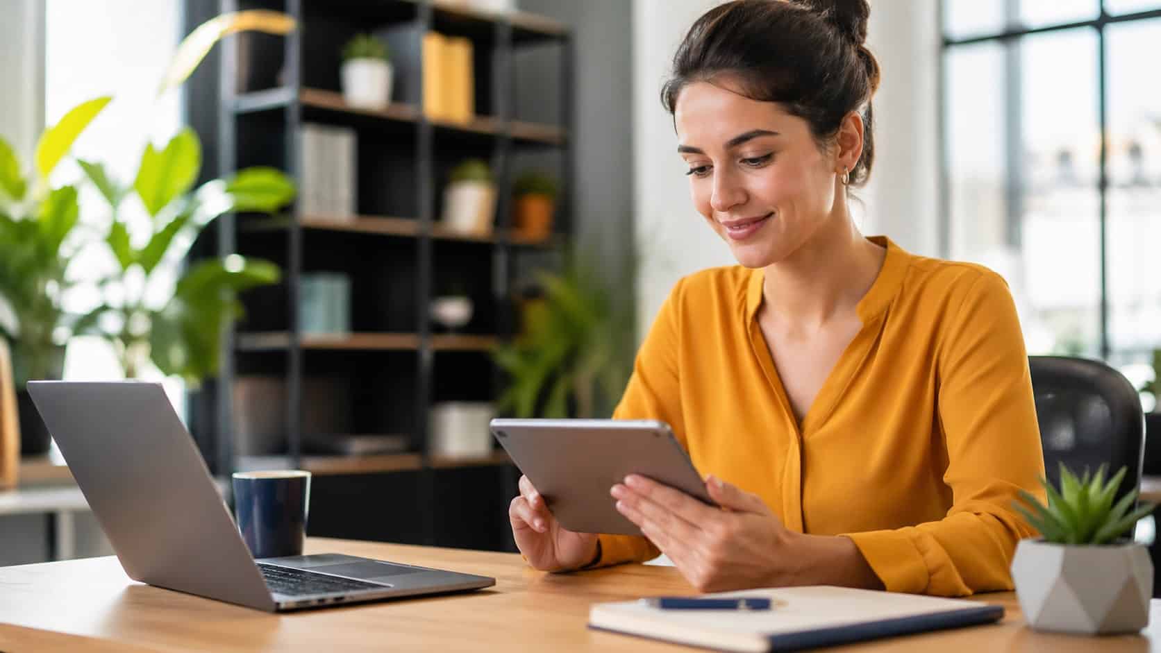Professional using a tablet in a modern office, representing microlearning tools for employee training in a clean, digital workspace.
