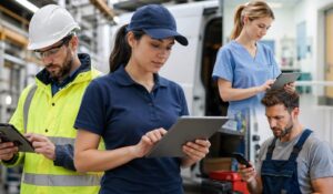 Employees across industries using mobile workforce management software on tablets and smartphones in a modern work environment.