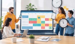 A team using online employee scheduling software on a digital calendar to manage shifts, track tasks, and coordinate work efficiently.
