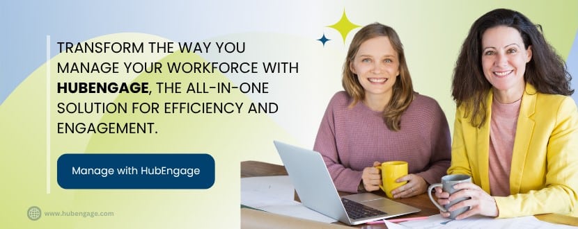 Illustrative banner of two professionals using HubEngage, showcasing online employee scheduling software for efficient workforce management and team collaboration.
