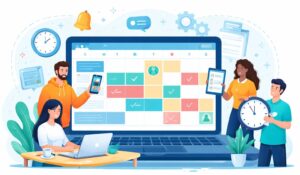 A team using online employee scheduling software on a digital calendar to manage shifts, track tasks, and coordinate work efficiently.