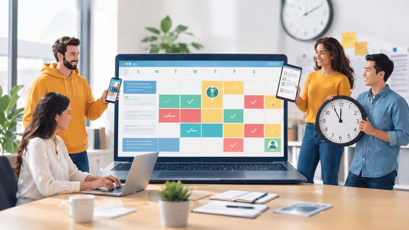 A team using online employee scheduling software on a digital calendar to manage shifts, track tasks, and coordinate work efficiently.