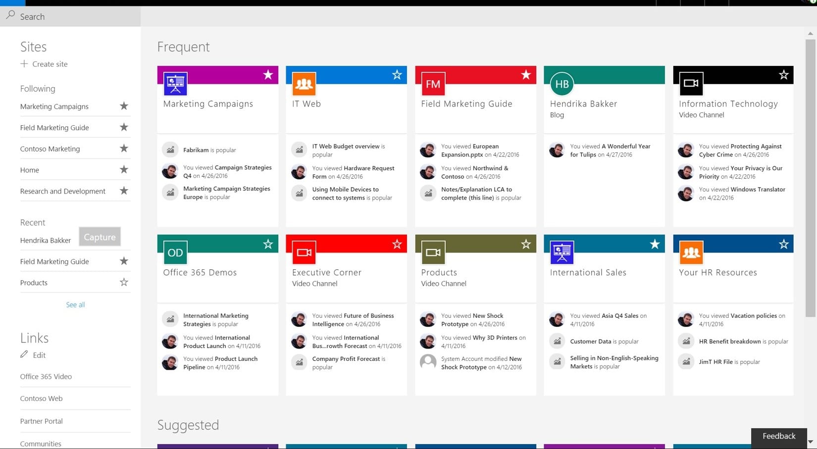 Sharepoint review dashboard showing intranet sites, team portals, and document collaboration interface within Microsoft SharePoint environment