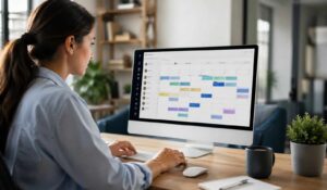 Employee using shift management software on a desktop in a modern, well-lit workspace