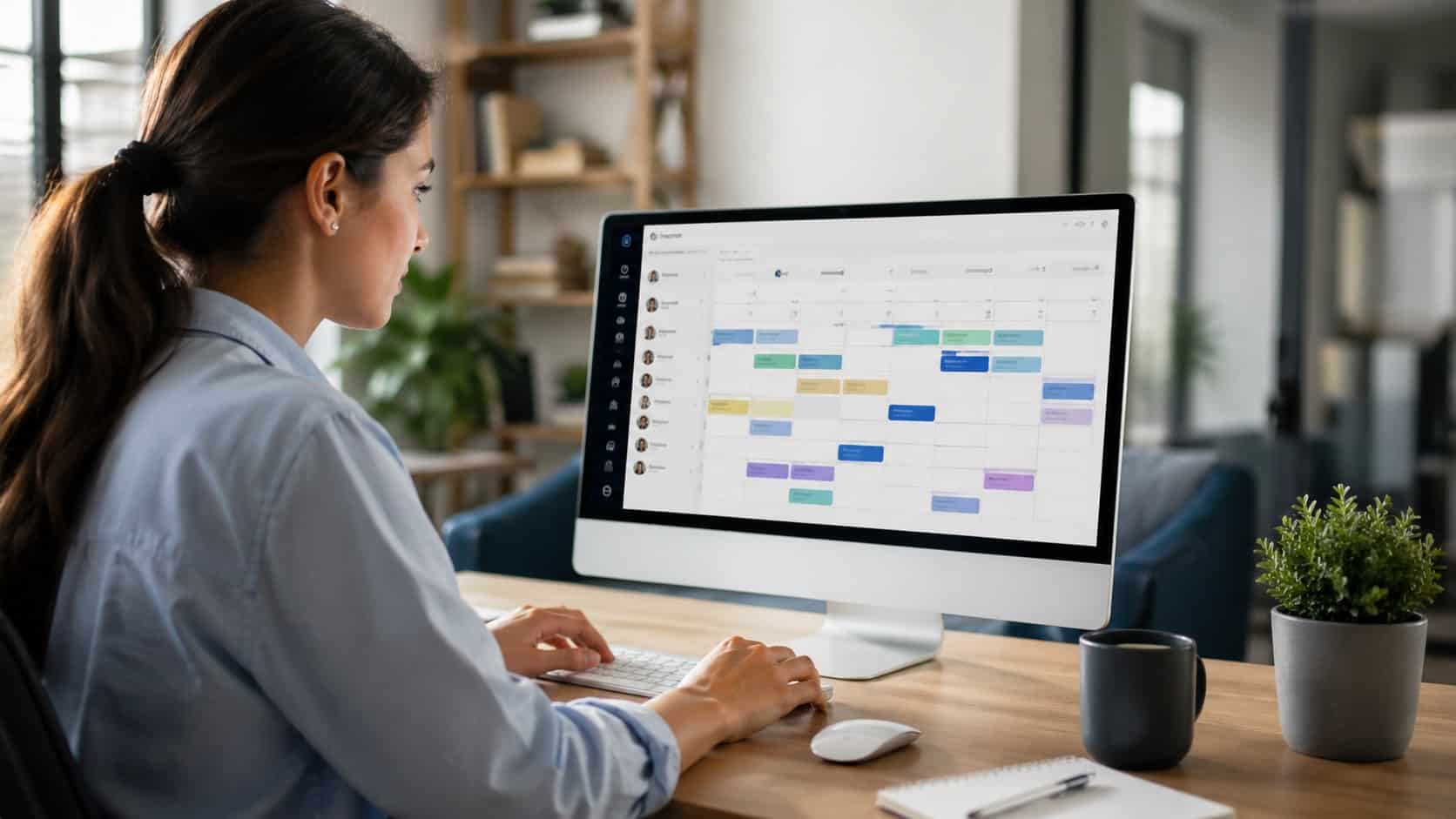 Employee using shift management software on a desktop in a modern, well-lit workspace
