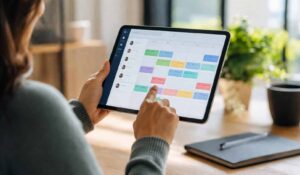 Employee using a shift scheduling app on a tablet to manage work schedules in a modern workspace.