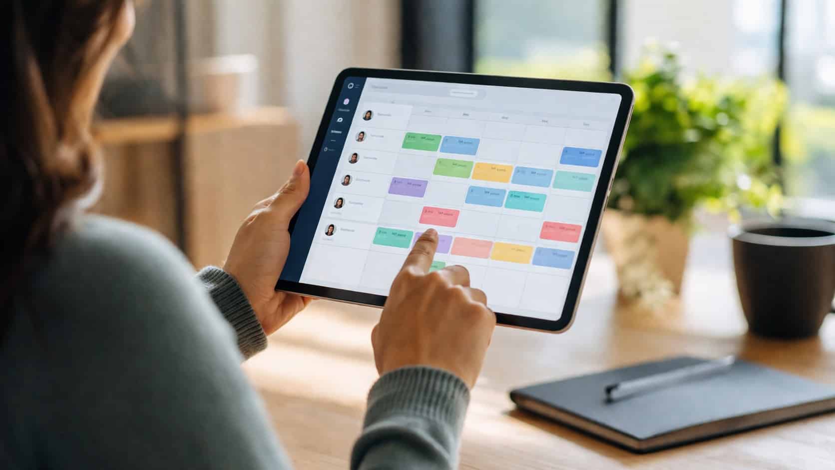 Employee using a shift scheduling app on a tablet to manage work schedules in a modern workspace.