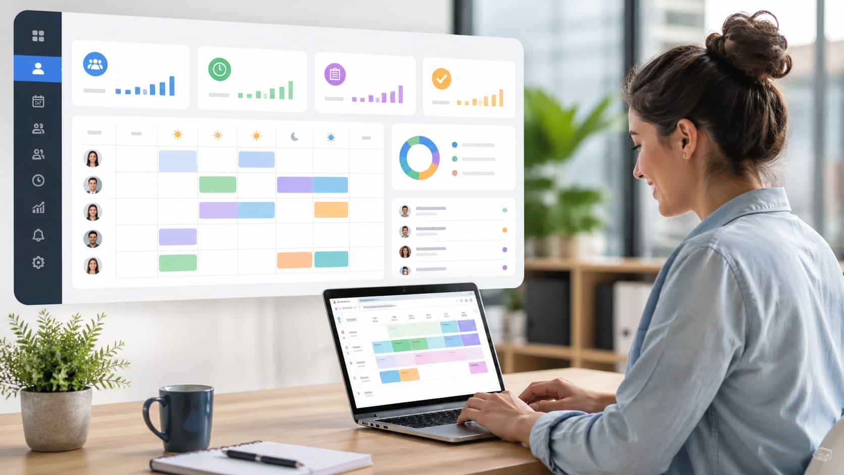 Employee using staff scheduling software on a laptop with a modern dashboard interface in a bright office setting
