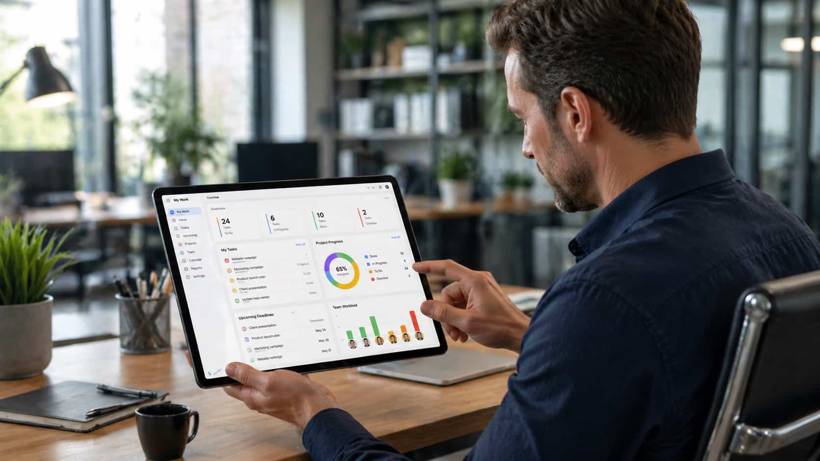 Manager reviewing team progress on a tablet using a task management app in a modern office setting
