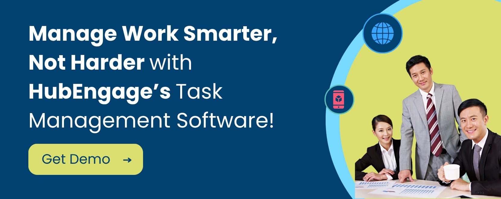 CTA banner for HubEngage task management software featuring business team, productivity message, and call-to-action button.