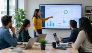 Modern office training program for employees with team learning software using a dashboard in a collaborative meeting setting.