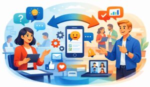 Two way communication showing employees exchanging feedback, ideas, and updates across digital workplace tools