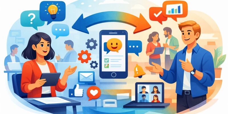 Two way communication showing employees exchanging feedback, ideas, and updates across digital workplace tools