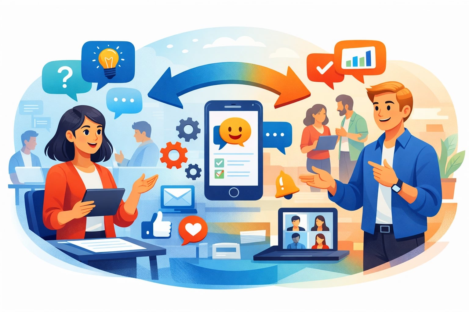 Two way communication showing employees exchanging feedback, ideas, and updates across digital workplace tools