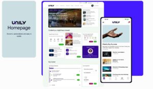 Unily intranet homepage and mobile app interface showcasing platform features