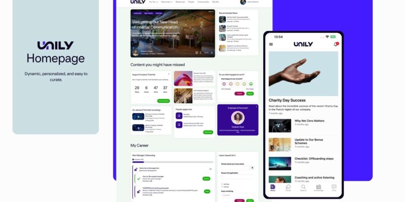 Unily intranet homepage and mobile app interface showcasing platform features