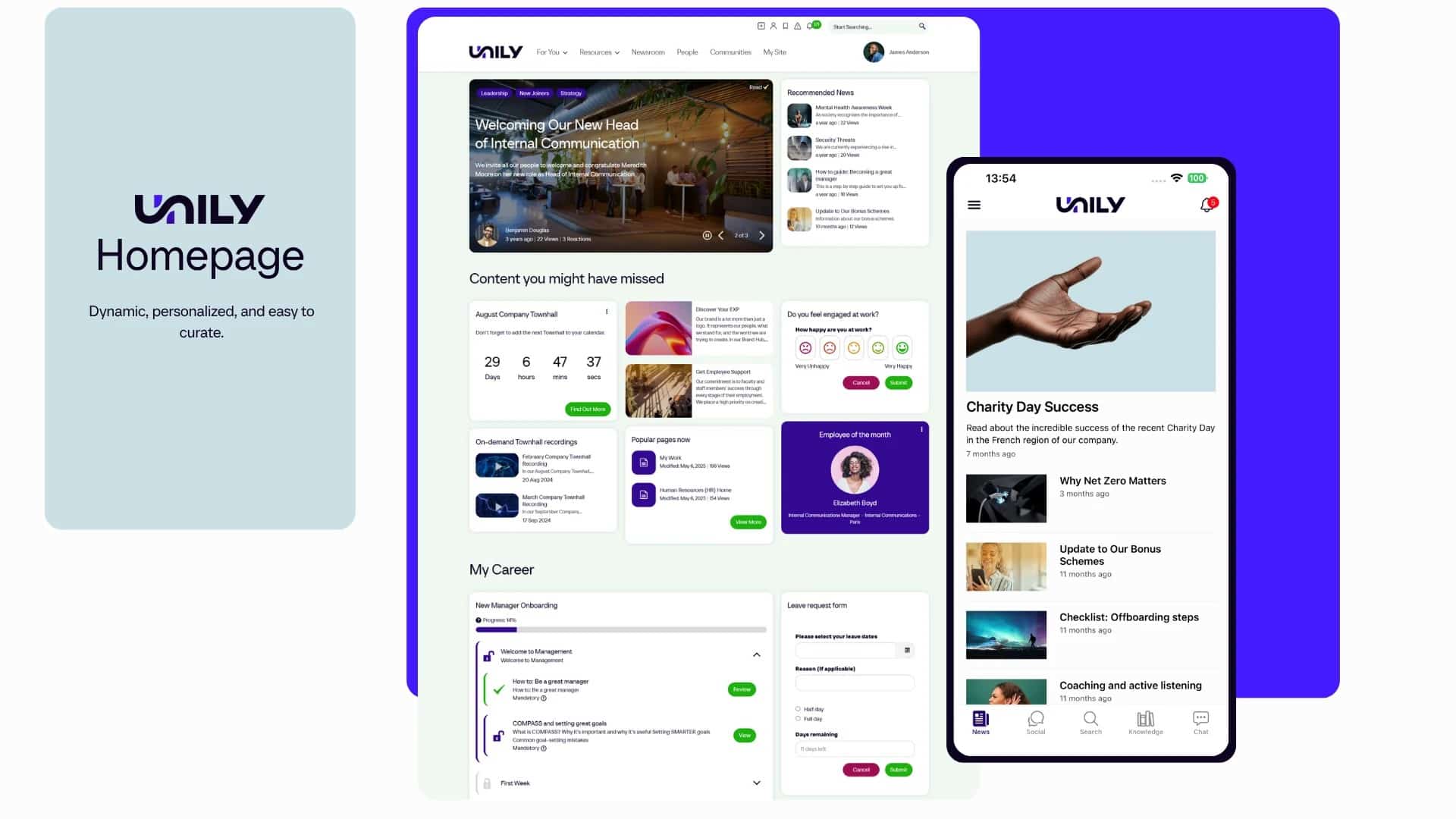 Unily intranet homepage and mobile app interface showcasing platform features