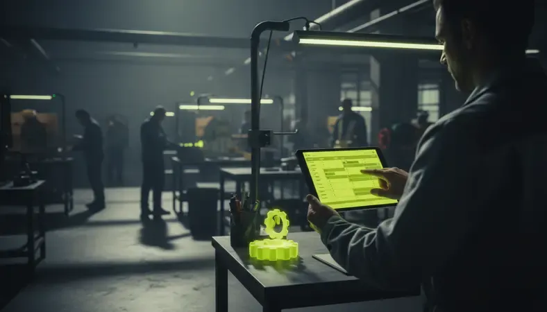 A manager reviewing a digital staff scheduling template on a tablet in a busy manufacturing facility