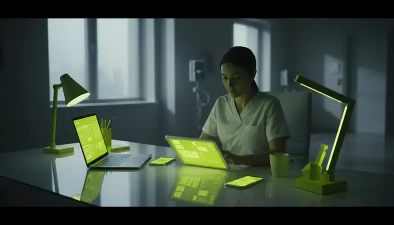 Healthcare administrator using staff scheduling software on a tablet in a hospital setting