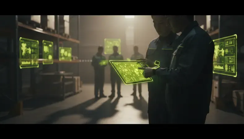 Frontline manufacturing workers receiving mobile messages on shared tablets in a warehouse setting