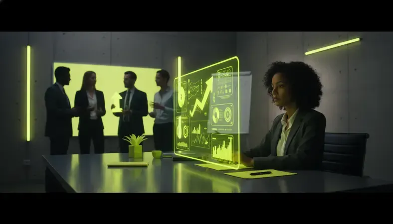 HR manager reviewing employee engagement program results on a digital dashboard with a diverse team in the background