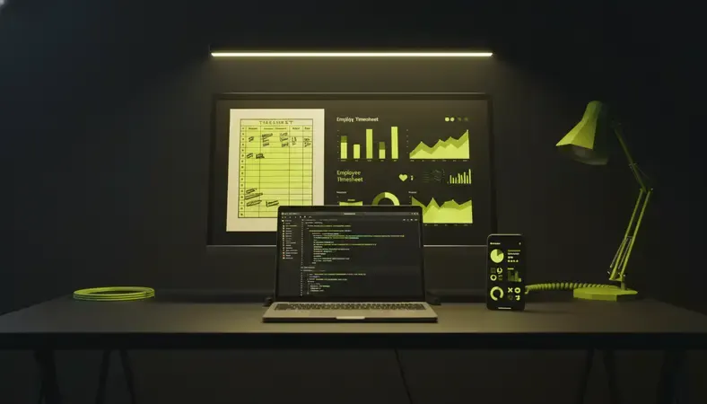 Side-by-side comparison of paper timesheet versus digital employee timesheet app dashboard on desktop monitor