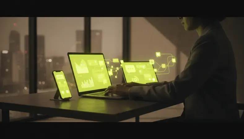 HR manager reviewing internal communication dashboard on laptop with team engagement metrics displayed