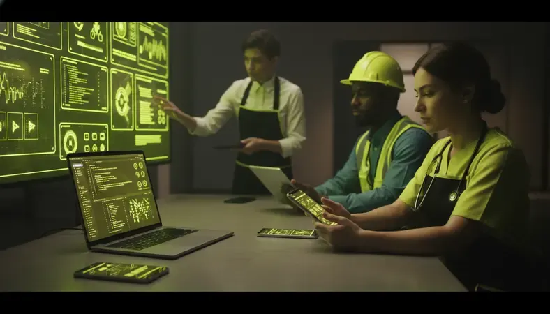 Diverse frontline workforce including manufacturing, healthcare, and hospitality employees using mobile devices to engage with an employee platform