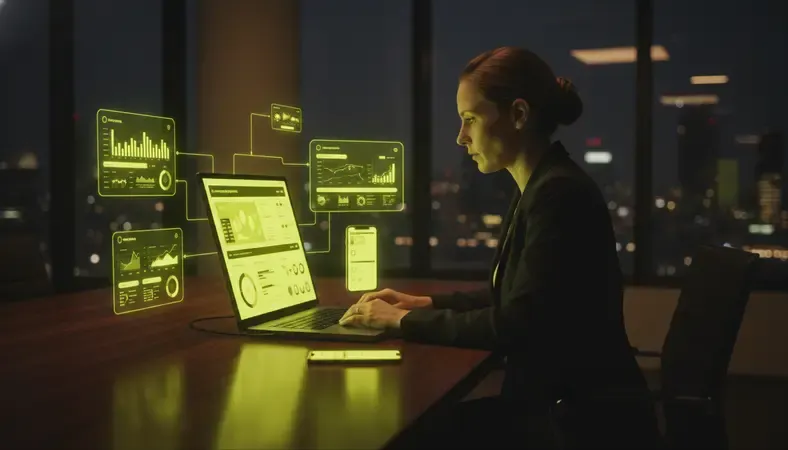 HR professional reviewing AI employee experience platform dashboard on a laptop in a modern office setting