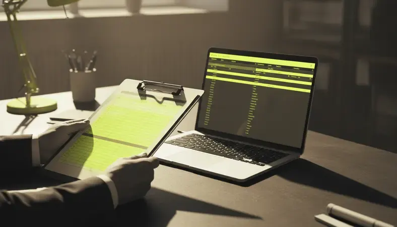 A manager reviewing a printed employee timesheet template on a clipboard next to a laptop showing a digital spreadsheet