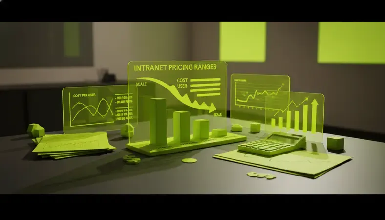 Infographic showing intranet pricing ranges across organization sizes from small to enterprise, with cost per user decreasing as scale increases