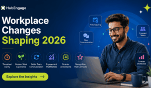 Person in laptop exploring workplace changes, featuring AI-driven communication, smarter workflows, employee engagement, and modern work experiences.
