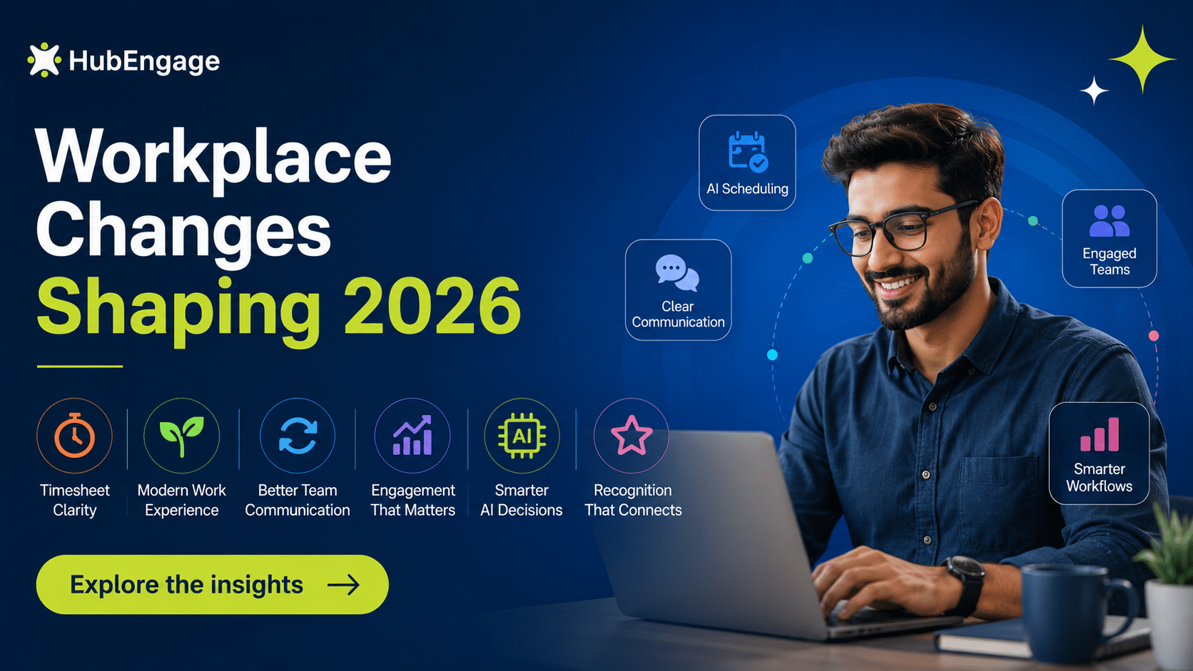 Person in laptop exploring workplace changes, featuring AI-driven communication, smarter workflows, employee engagement, and modern work experiences.