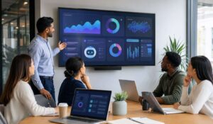 Team collaborating around an AI-powered dashboard demonstrating ai in employee engagement in a modern office setting.