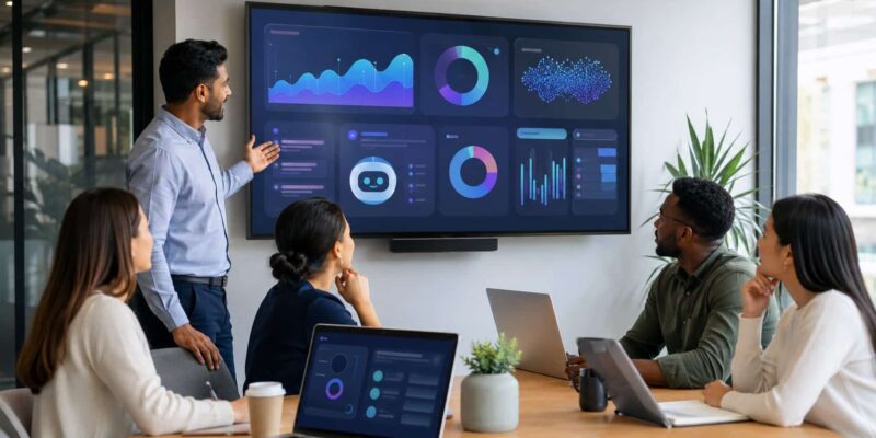 Team collaborating around an AI-powered dashboard demonstrating ai in employee engagement in a modern office setting.