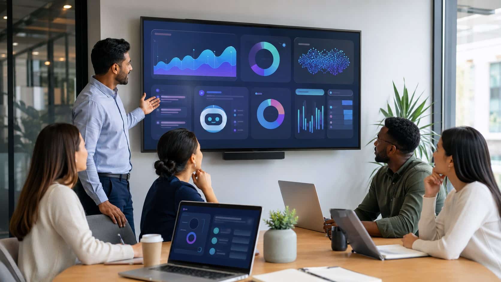 Team collaborating around an AI-powered dashboard demonstrating ai in employee engagement in a modern office setting.